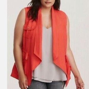 Torrid‎ Coral Vest Sleeveless Draped Open Front Utility Pockets Plus Size 1X NEW